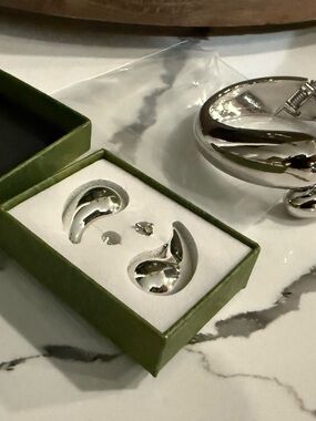 Silver Curved Hoop Earrings and Bracelet Set